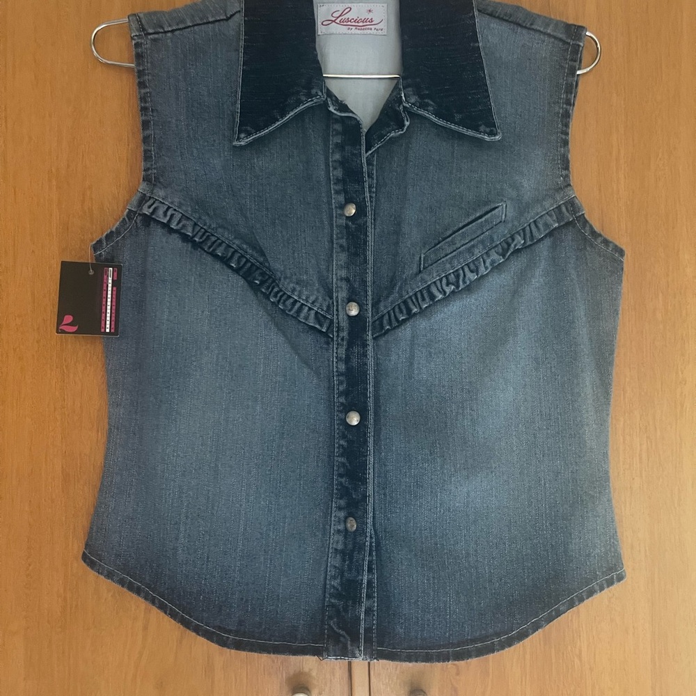 Denim stretch vest with ruffle details.. Luscious by Rebecca Ford